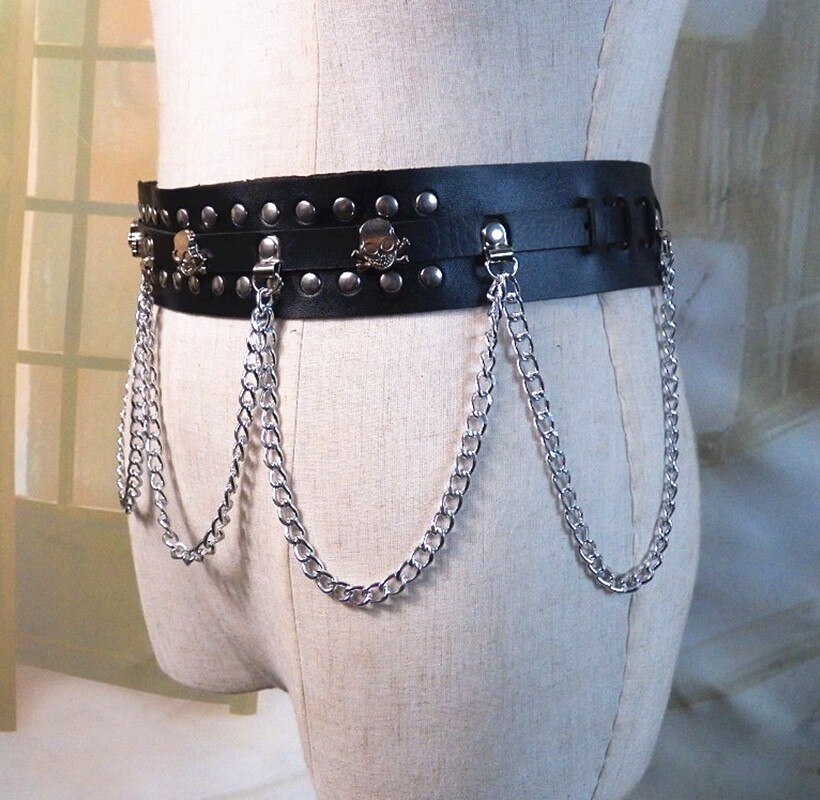 Cinturones Punk Rock para chicas góticas, cinturón de cadena con remaches de Calavera, hebilla de cinturón de cuero PU