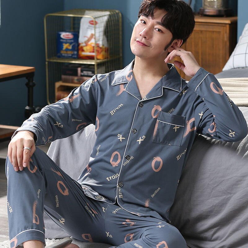 pyjama en coton imprimé 2 pièces costume simple hommes pyjamas revers décontracté doux pyjamas service à domicile printemps et automne: XL