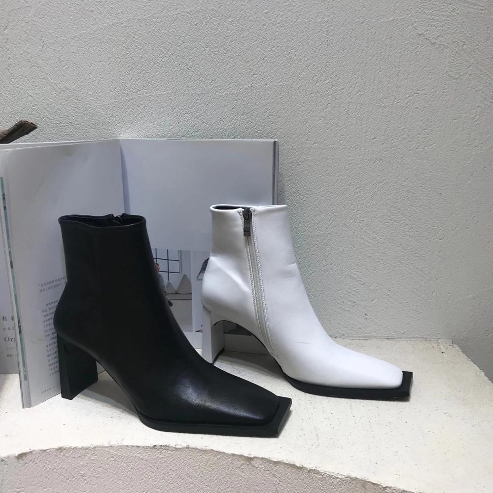 Botas Martin de punta cuadrada para mujer, botines a la con cremallera lateral, estilo romano, de tacón alto grueso para invierno, color blanco y negro