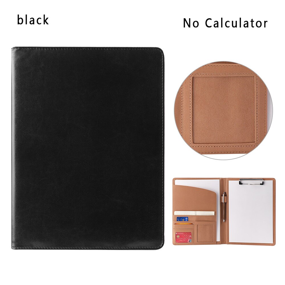 A4 PU Leather File Folder With Calculator Multi-function Business Document Pads Manager Portfolio Office Supplies: No calculator black