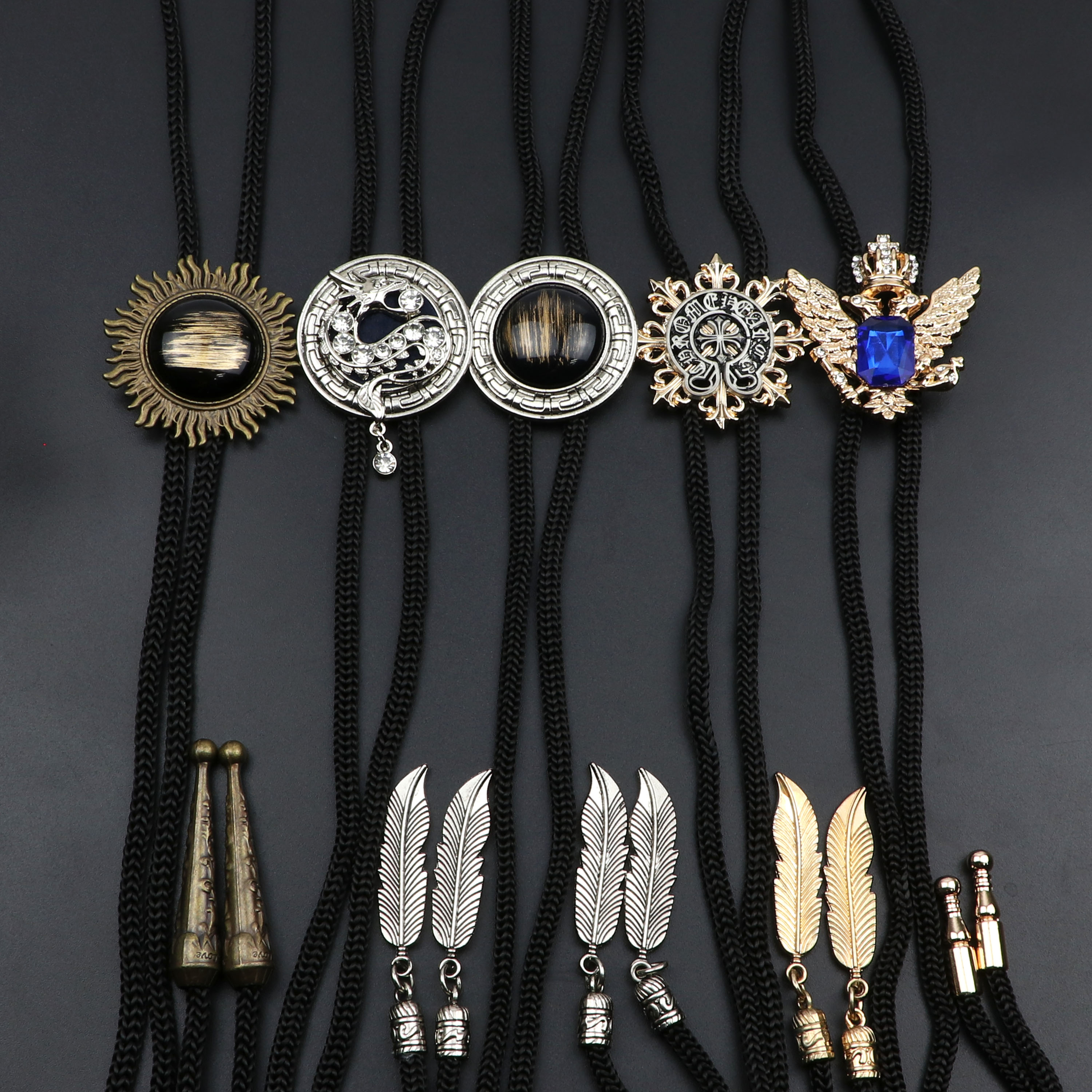 Bolo Tie Necklace - Leather Rope Chain - Plaid Pattern - Cowboy Jazz Style - Unisex Adult Accessory