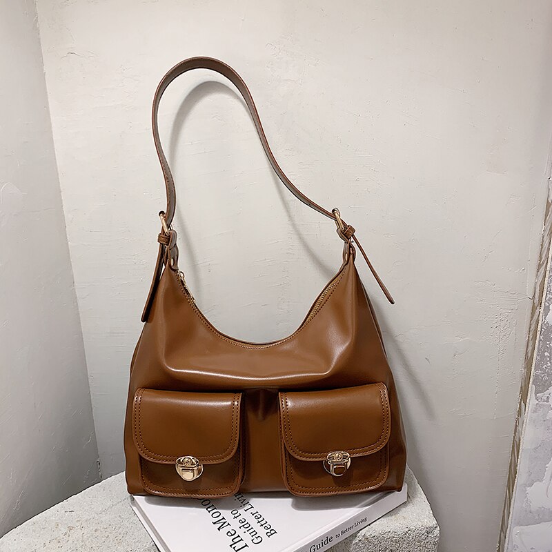 Bolso blanco Hobos de de para mujer, Cartera de mano de piel de Color sólido con múltiples bolsillos, bolso de hombro a la de media luna,: Brown