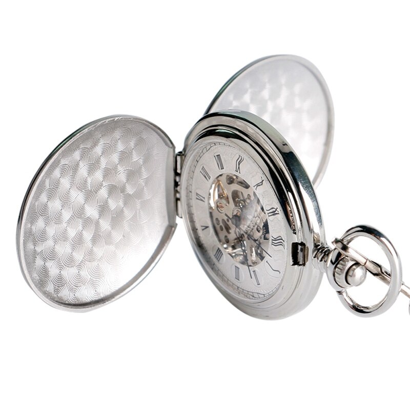 Classic Silver Pocket Watch Smooth Hand-winding Mechanical Double Hunter Pendant Watches Neckalce Chain Accessory relogio Montre
