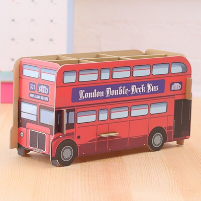 Diy pap penholder skrivebord blyant opbevaring container hjemmekontor dekoration-klaver, blå lokomotiv, rød bus, big ben, bus: Rød bus