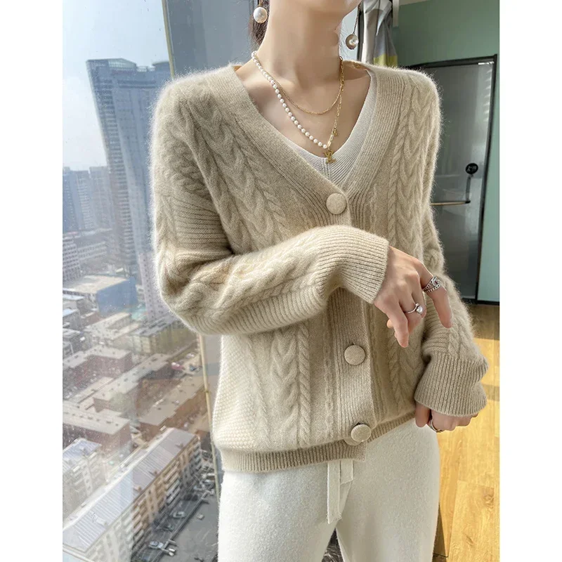 Camisola de lã de alta qualidade cardigan feminino grosso macio quente superior tecelagem flores malha roupas femininas soltas casuais roupas de inverno: L / Cáqui