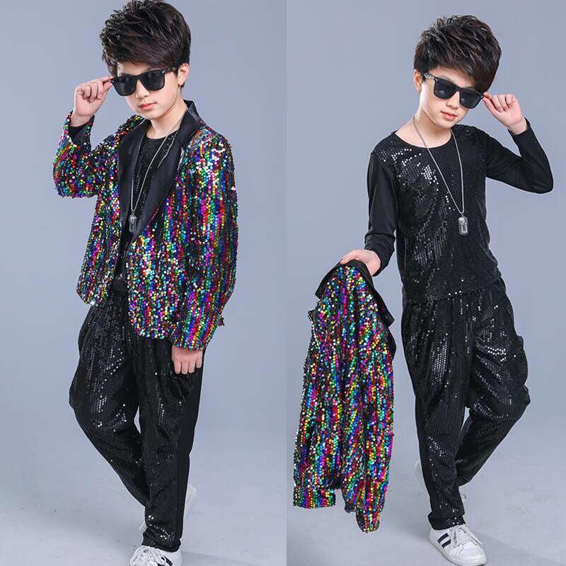 Kids Adult Sequined Pants Jacket Hip Hop Clothing Jazz Dance Costumes Suit Boys Carnival Stage wear Ballroom Dancing Outfits