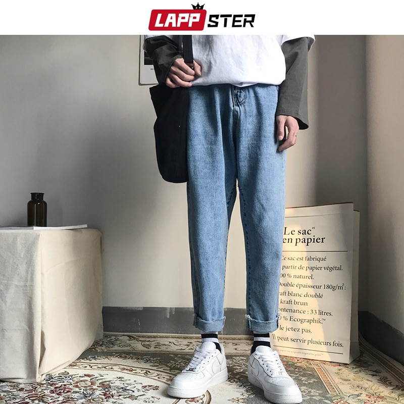 Lappster mænd koreansk mode skinny jeans bukser sommer streetwaer hip hop skinny denim jeans herre lige blå bukser