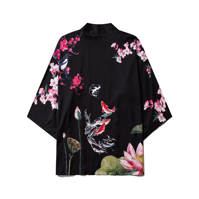 Bebovizi Chinese Style Lotus Carp Print Kimono Women Cardigan Yukata Japanese Streetwear Men Loose Tradition Polyester Clothing: black / M