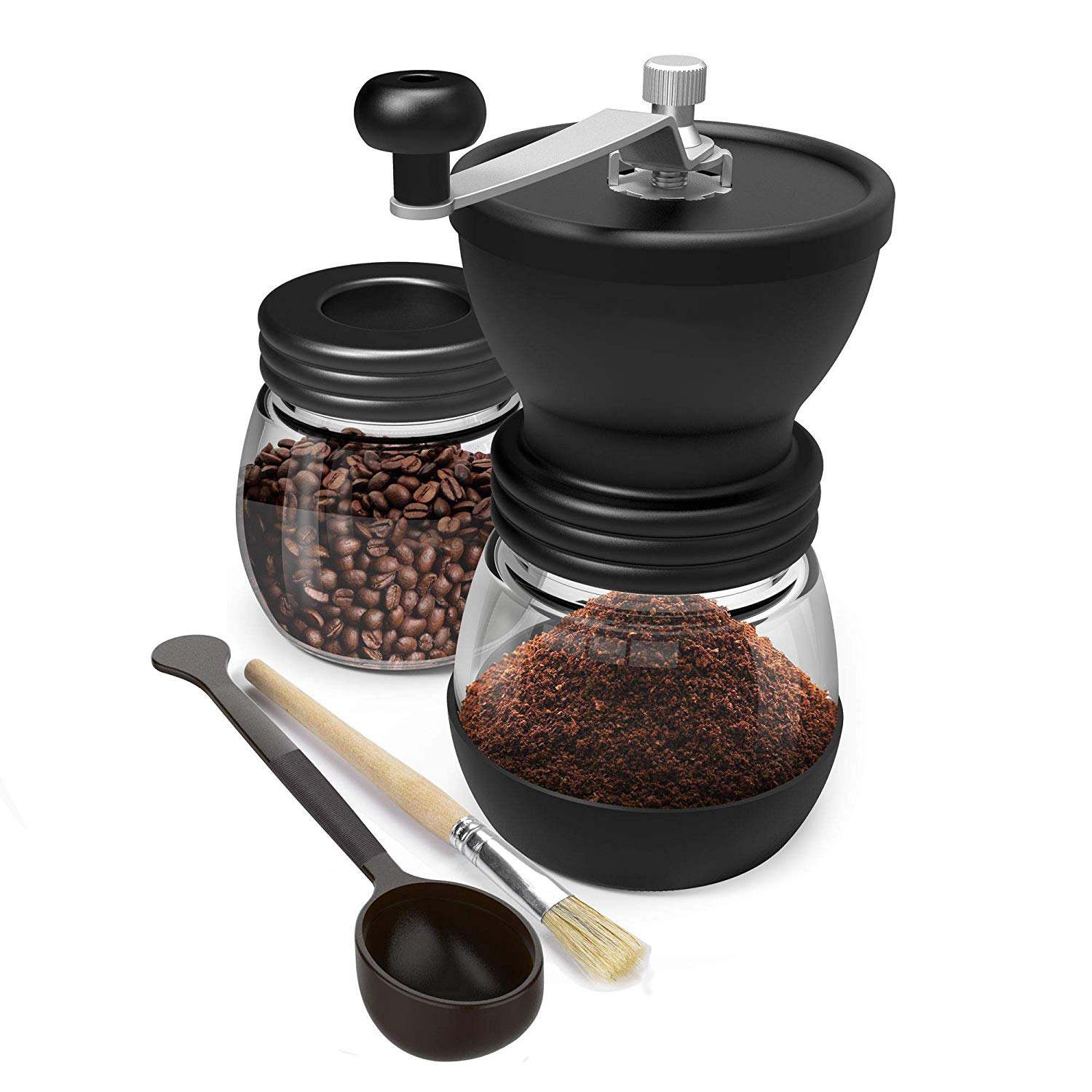 Luda Handkoffiemolen Met Keramische Bramen, Hand Koffiemolen Met Twee Glazen Potten Borstel En Eetlepel Scoop