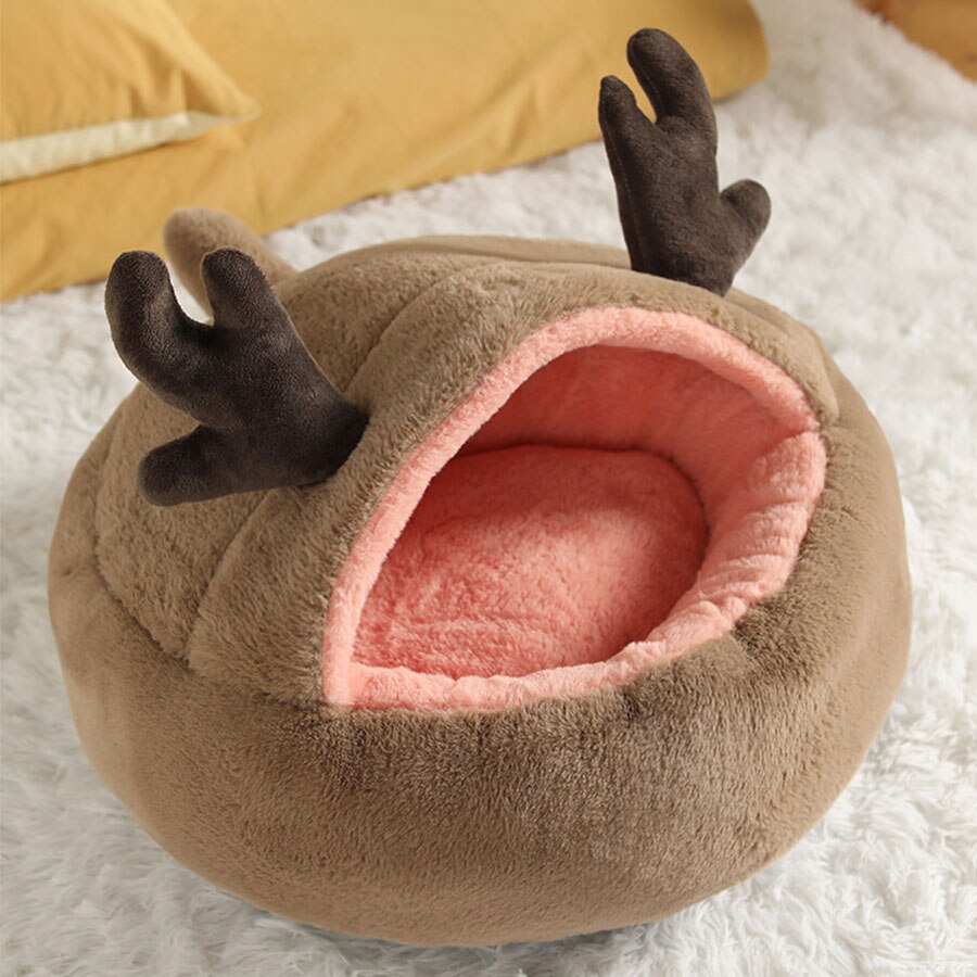 Kawaii cat bed cartoon sculpt soft comfort Cat hous warm Non slip removable Deep sleep Pet bed interesting Cat accessories: Brown / 45cm