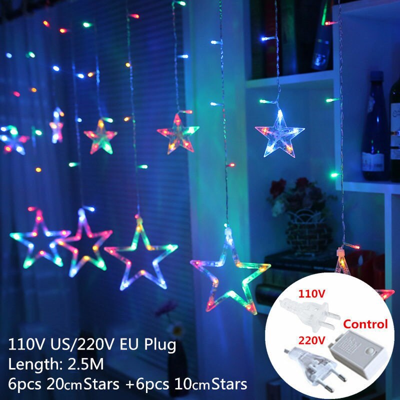 220v eu pistoke 2.5m led moon star lamppu keiju verho valo jouluseppele merkkijono valot lamppu vuodeksi hääkoristeita: Isotähti värikäs / Eu -pistoke