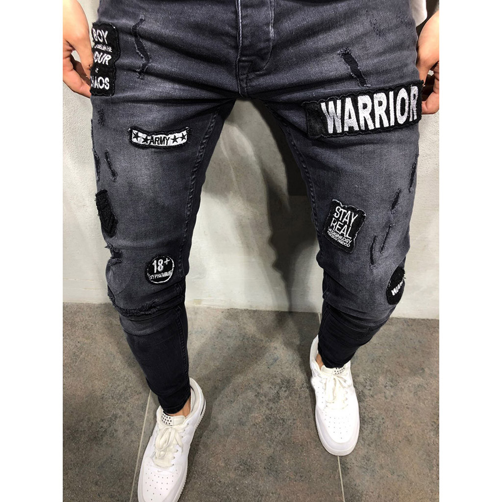 hommes crayon pantalon Stretch genou trous fermeture éclair Denim jean en détresse déchiré pantalon de sport coupe mince poche jean YL5