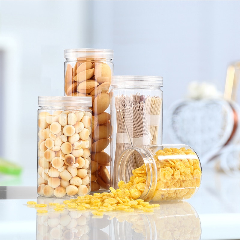 Kitchen Round Clear PET Container Jar Pot Bottle Empty Plastic Storage Jars with Lids Durable Food Grade Air Tight Containers