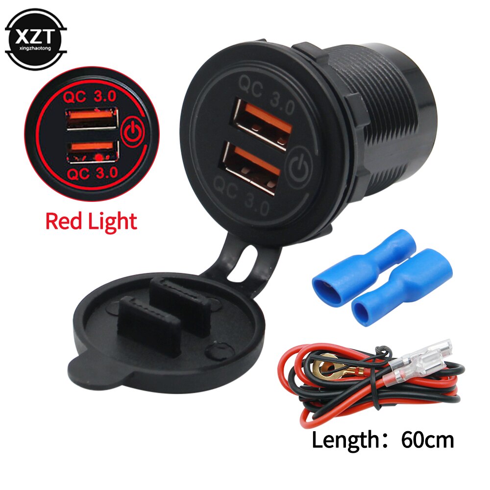 12v/24v 36w qc 3.0 2 usb lader stikkontakt berøringsbryter vanntett universal bil truck lade sokkel for telefon nettbrett kamera gps: Rød  w 60cm kabel