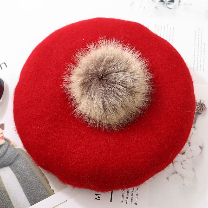 Vrouwelijke Winter Herfst Wollen Pompom Baret Hoed Effen Vrouwen Boina Franse Hoed Meisjes Outdoor Warm Baretten Schilder cap