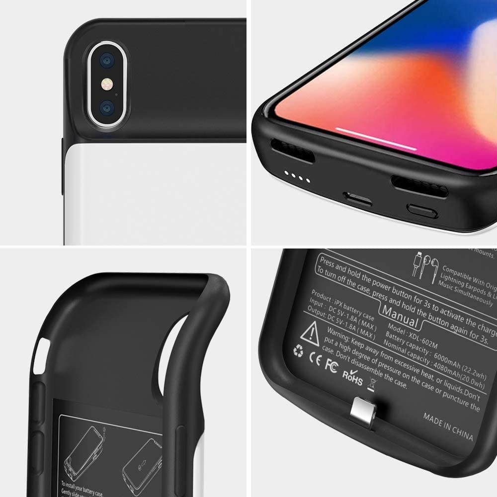 Newcardigan capa de energia para iphone x xs, capa de bateria qi com estojo de carregamento sem fio, capa de carregador de 6000mah compatível com iphone x/xs