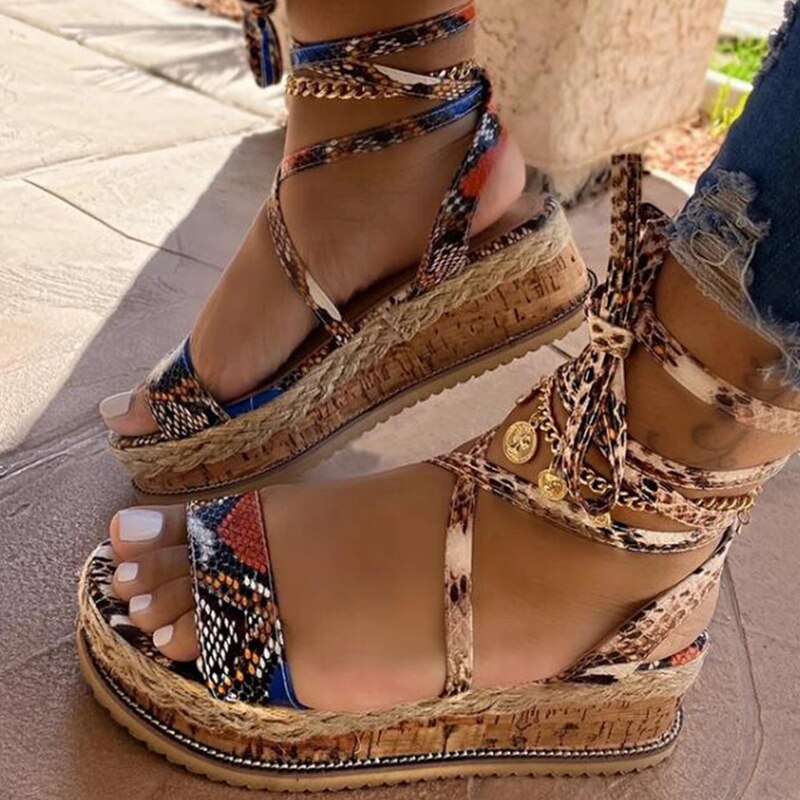 Sommer kvinder slange sandaler platform hæle tværbånd ankelblonder kigge tå strand fest damesko zapatos de mujer: 38