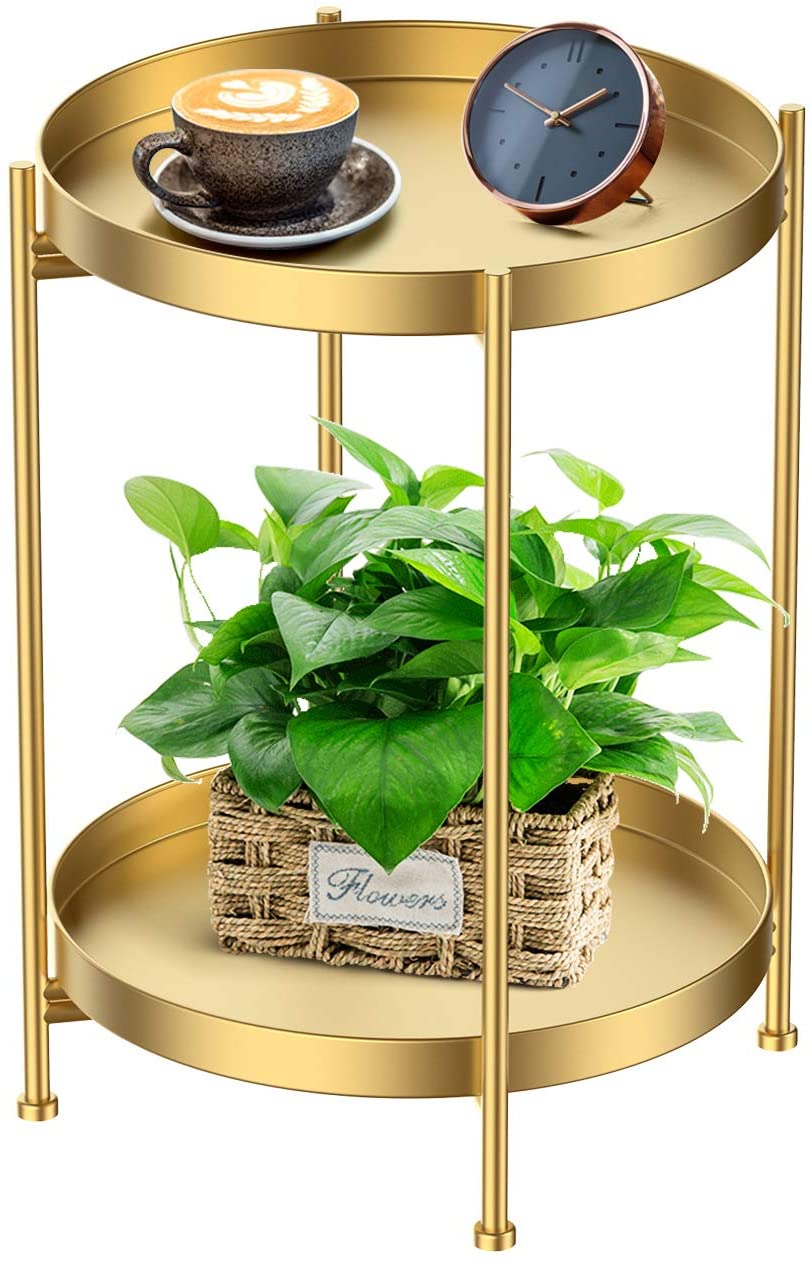 Round Side Table 2-Tier Sofa Table with Storage Shelf Small Tray Metal End Table Foldable Coffee Table for Bedroom Patio