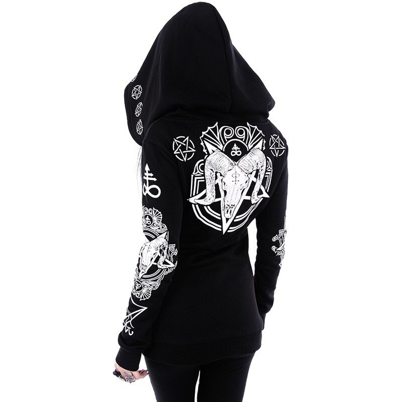 Punk Gothic Schwarz Hoodie Sweatshirt Frauen Plus Größe Tops Drucken Mit Kapuze Hipster Streetwear Frühjahr Große Größen Goth Mädchen Hoodies 5XL