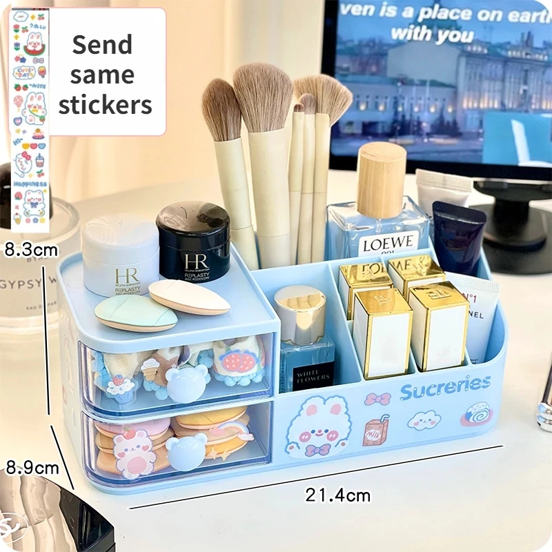 Kawaii caixa de armazenamento de mesa organizador bonito urso lidar com gaveta tipo organizador de mesa multi-grade caneta titular com adesivos kawaii: Vermelho