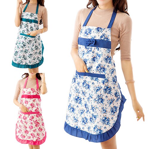 Delantal de tela Floral para mujer, para restaurante casa Cocina Barbacoa con bolsillo, babero de cintura