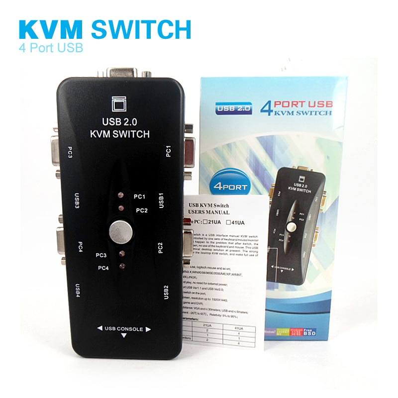 4 porttia vga/svga usb 2.0 kvm kytkin pc laatikko 1 sarja näppäimistö hiiri ohjaus 4 tietokonetta monisynkronoitujen näyttöjen jakamistyökalu 1920*1440