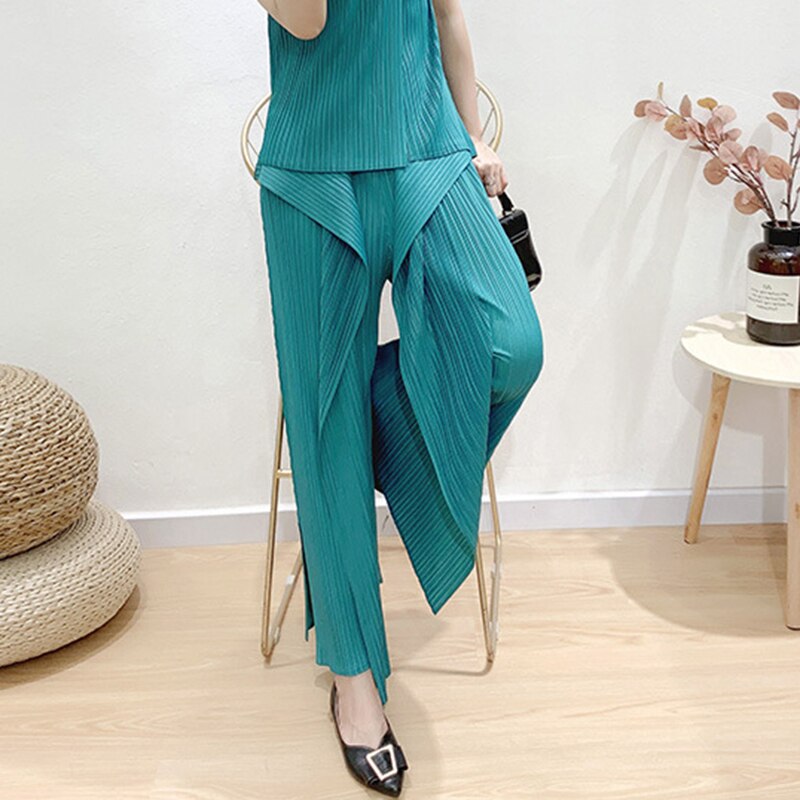 CHICEVER-Pantalones lisos de cintura alta para mujer, pantalón informal, liso de talla grande, fruncido, de pierna ancha, ropa de , estilo: LakeBlue