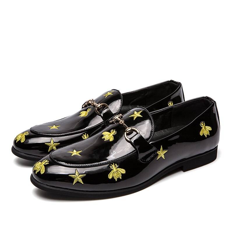 Hommes broderie métal boucle décor mocassins Mocassin Homme chaussures plates décontracté été mocassins sans lacet chaussures noir brillant: 38