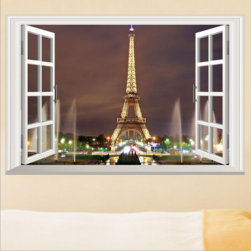 3D Venster Parijs Eiffeltoren Muursticker Art Vinyl Decal DIY Muurschildering Home Decor Art Decal Voor Kamers
