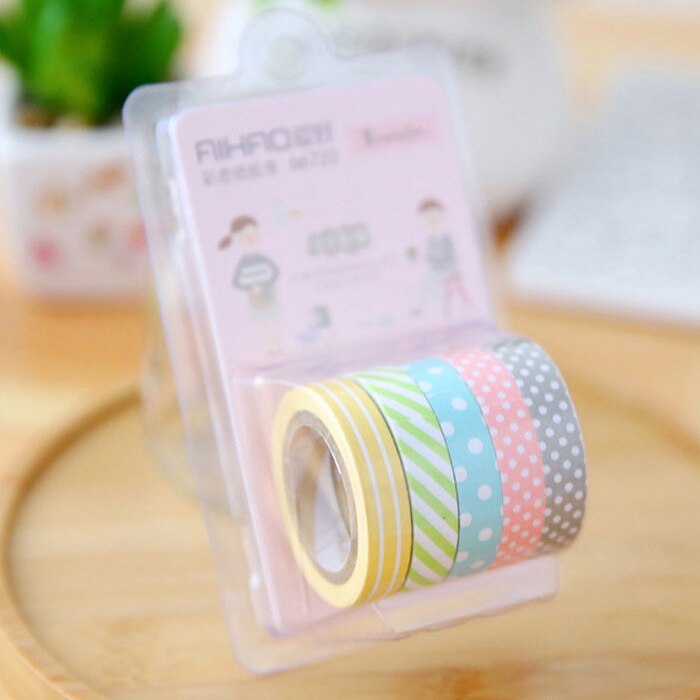 5 Stks/partij Candy Kleur Gestreepte Stippen Masking Washi Tape Set Decoratieve Scotch Tape Papelaria Label: Default Title