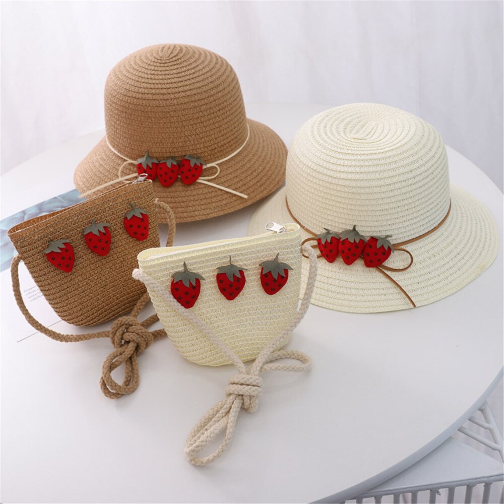 Chapeau de paille d'été pour enfants, mignon, fraise, pour la plage, pour filles de 3-8 ans