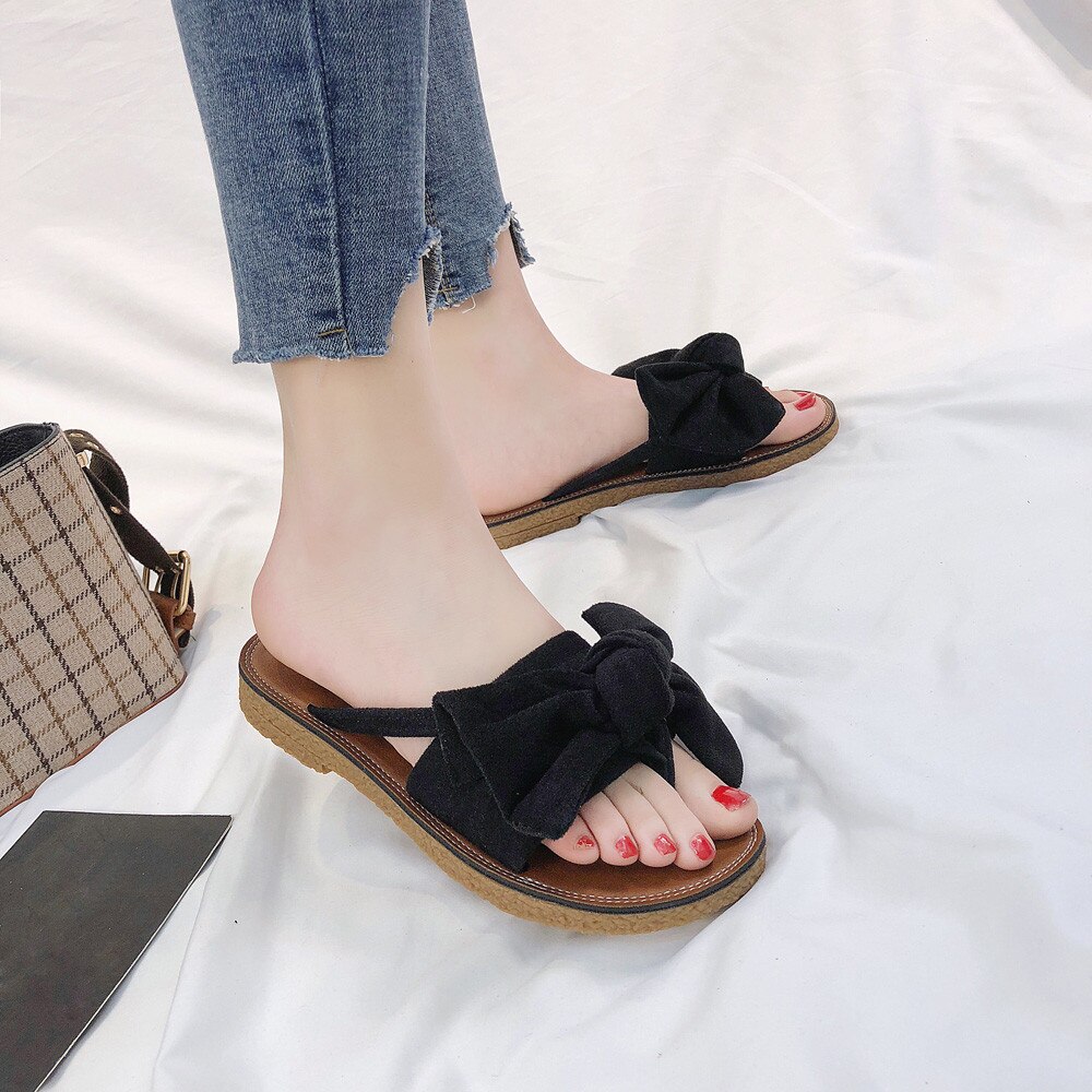 Summer Women Flip Flops Solid Color Bow tie Flat Heel Sandals Size 36-40 Outdoor Slipper Beach Shoes Female G2: Black / 40