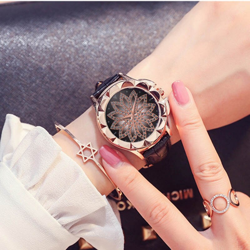 Luxe dames armbandhorloge leren band polshorloge bloem kristal strass quartz horloges casual damesklok