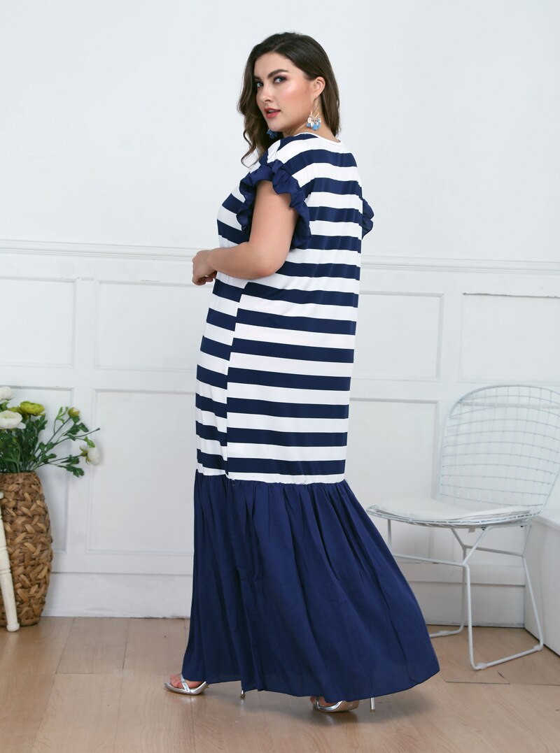 Plus Size Zomer Lange Jurk Vrouwen Zomer Ruches Korte Mouwen Gestreepte Print Patchwork Maxi Lange Jurk Dames Tuniek Strand Jurken