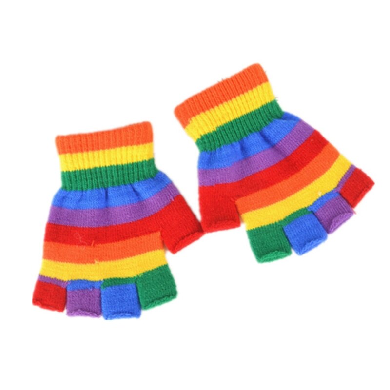 Unisex Half Finger Gloves Rainbow Colored Winter Stretchy Knit Fingerless Typing Gloves for Office School Students