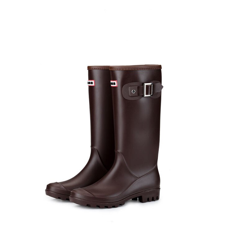 Nuevas Botas de lluvia de goma impermeables de PVC para trabajo hasta la rodilla Botas de lluvia planas antideslizantes de goma zapatos de día de lluvia Botas de lluvia de: BROWN / 9