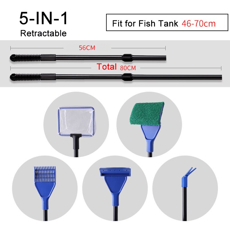 6-IN-1 Aquarium Cleaning Tools Kits Fish Tank Clean Set Fish Net Gravel Rake Algae Scraper Fork Sponge Brush Glass Cleaner: 5IN1 Upgrade