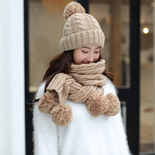 Dames winter muts sjaal set wol gebreide muts vrouwelijke bont pompon mutsen voor vrouwen dames kap dikke warme skimuts kraag: Khaki