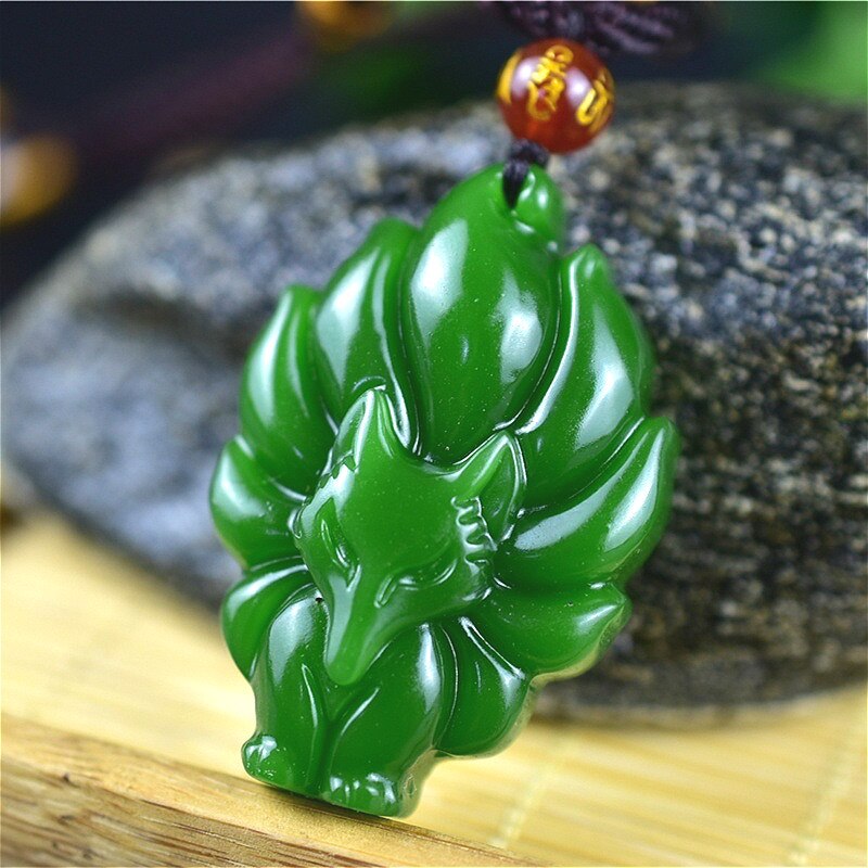 Naturel vert chinois Jade neuf queue renard pendentif perles collier charme bijoux sculpté amulette pour femmes hommes