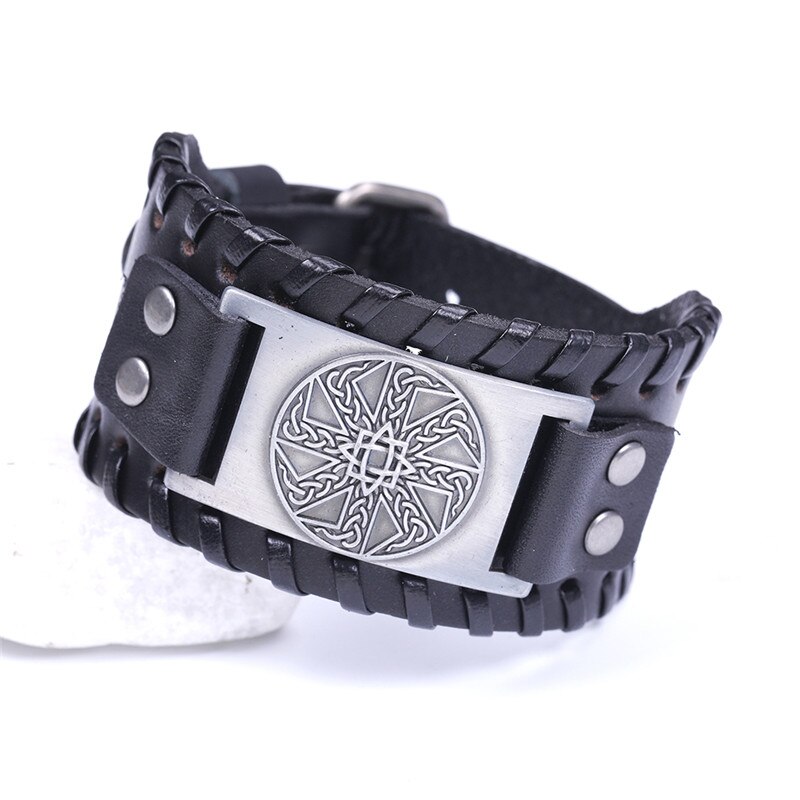 Skyrim-pulsera de cuero eslava para hombre, anís estrellado, amuleto redondo cerrado, pulsera ancha trenzada, brazalete Vikingo, joyería Vintage: Wide black-silver