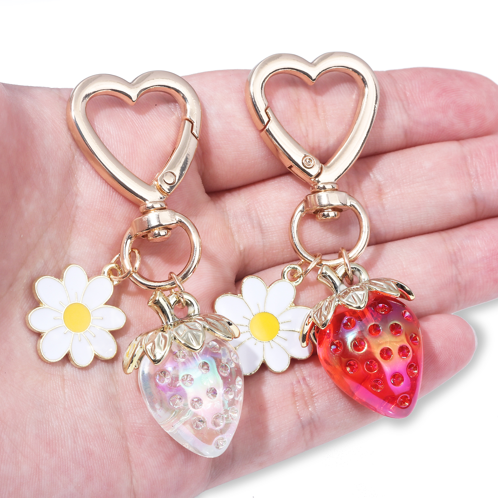 Cute Strawberry Bag Pendant Keychain Kawaii Heart Flower Daisy Key Chain for Women Girs Bag Purse Pendant Accessories