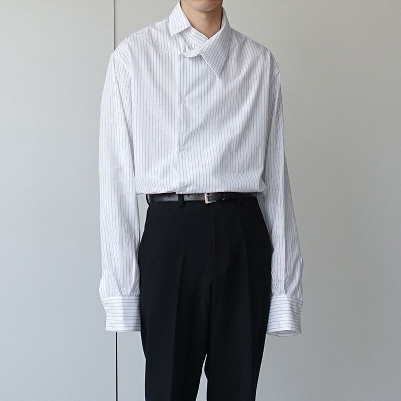 Kjole skjorte herre hvidstribede fritidsskjorter herre streetwear social herreskjorte vild løs koreansk langærmet skjorte m-xl