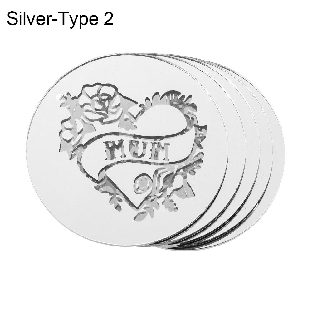5Pcs Acrylic Mother's Day Cake Topper Circle Cupcake Toppers Cake Decorating Home Party Handmade DIY Crafts Supplies: silver-type 2