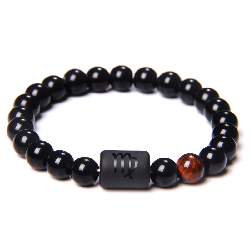 12 Constellation Zodiac Signs Beads Couples Bracelet Natural Black Onyx Stone Elastic Charm Bracelet for Women Men Birthday: Rhodium Plated
