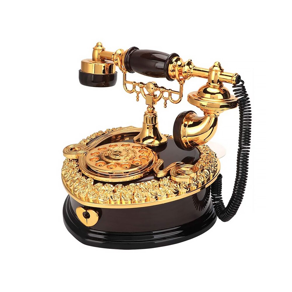 Retro Heart Shaped Telephone Model Music Box Birthday Home Ornament Decoration Antique Carved Wooden Hand Crank Music Box: Brown