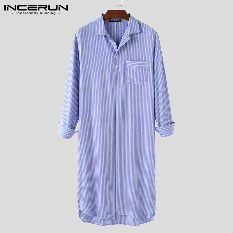 Mannen Gestreepte Gewaden Leisure Revers Lange Mouw Knop Comfortabele Homewear Nachtjapon Casual Heren Badjassen Nachtkleding S-5XL Incerun