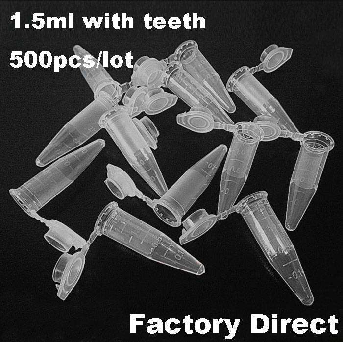 500 unids/lote botella de plástico de 1,5 ml tubo de centrífuga con los dientes de prueba tubo frasco de PP transparente frascos de laboratorio consumibles