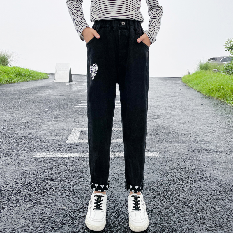 Pantalones vaqueros negros para niños y niñas adolescentes, pantalones bombachos informales de a la con estampado, talla nueva 2022, primavera y otoño, 10/12