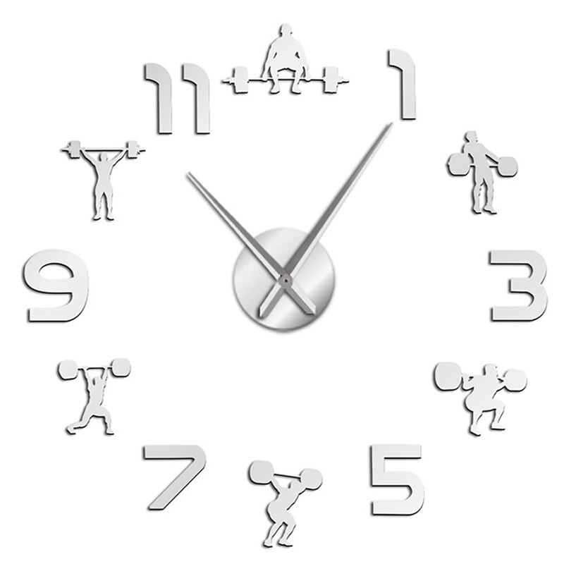 Large DIY Wall Clock Wall Watch Mirror Effect Powerlifting Frameless Wall Clock Weightlifting Fitnes Room Wall Decor: Silver