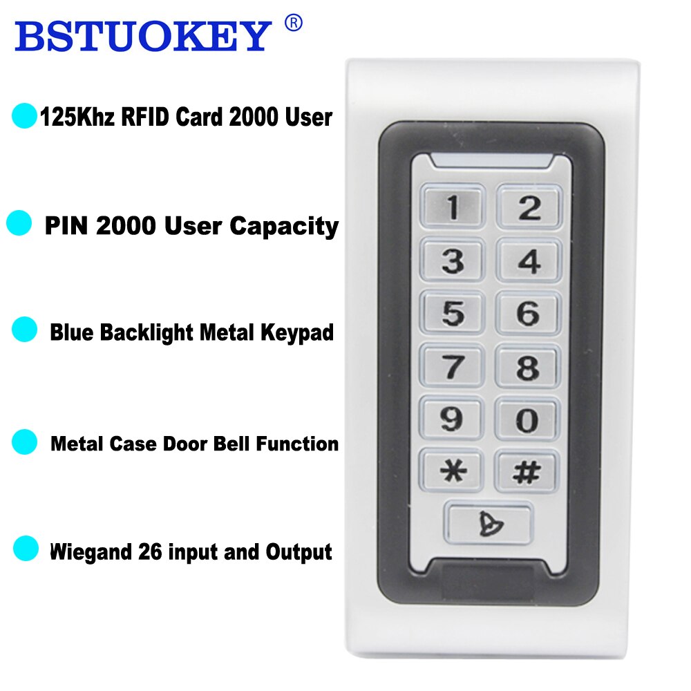 RFID Keypad Access Control System Proximity Card Reader 2000 User Standalone Door Access Control Metal Case Wiegand Input Output